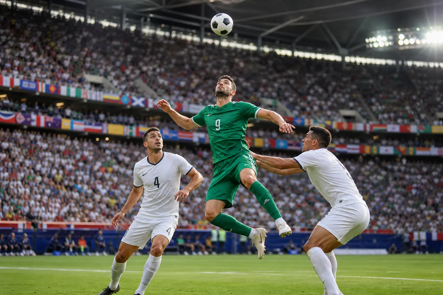 Generic striker attacking a cross in a bright stadium penalty area