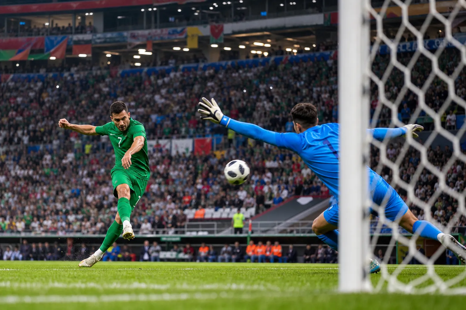 Generic striker shooting toward goal in a bright stadium match scene