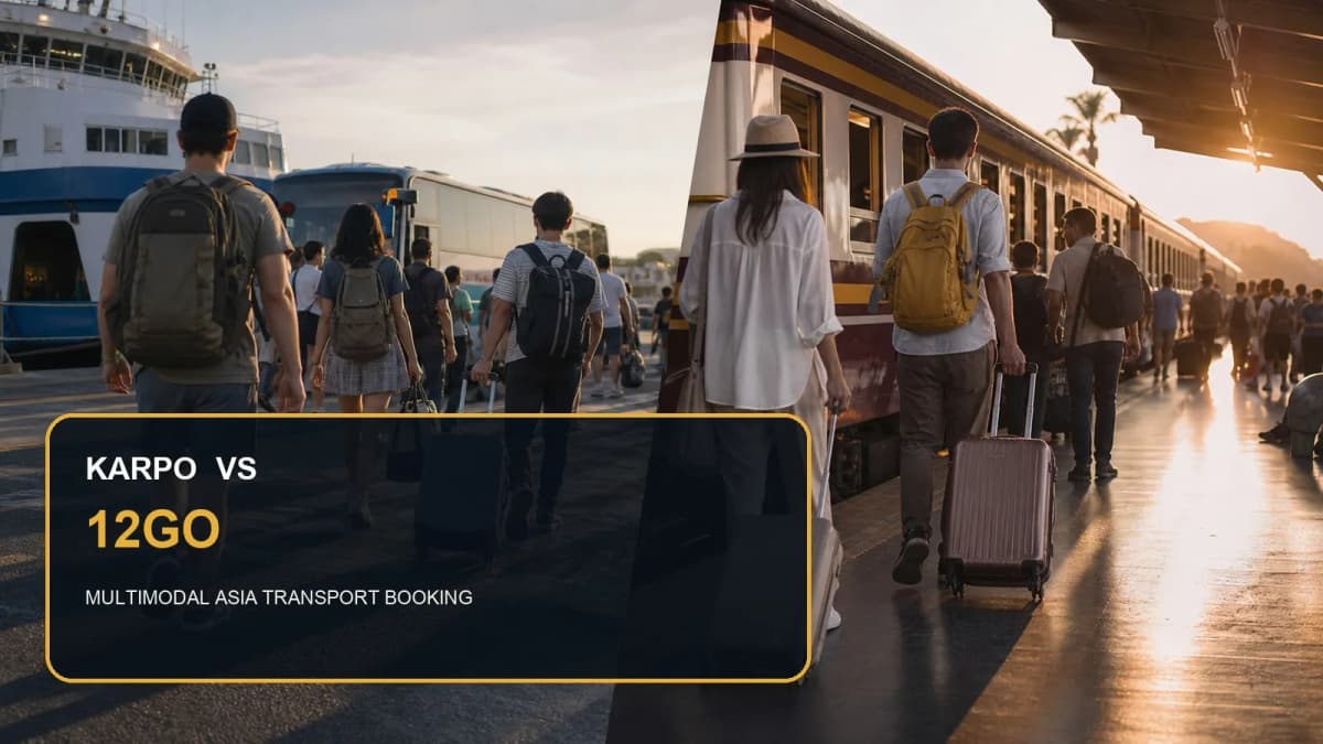 Karpo versus 12Go in a photorealistic editorial city comparison.