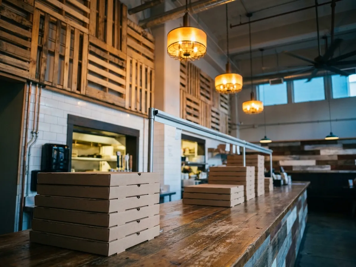 Stacks of flat brown pizza boxes waiting on a worn wooden pickup counter inside an empty San Francisco pizzeria lit by warm caged pendant lamps