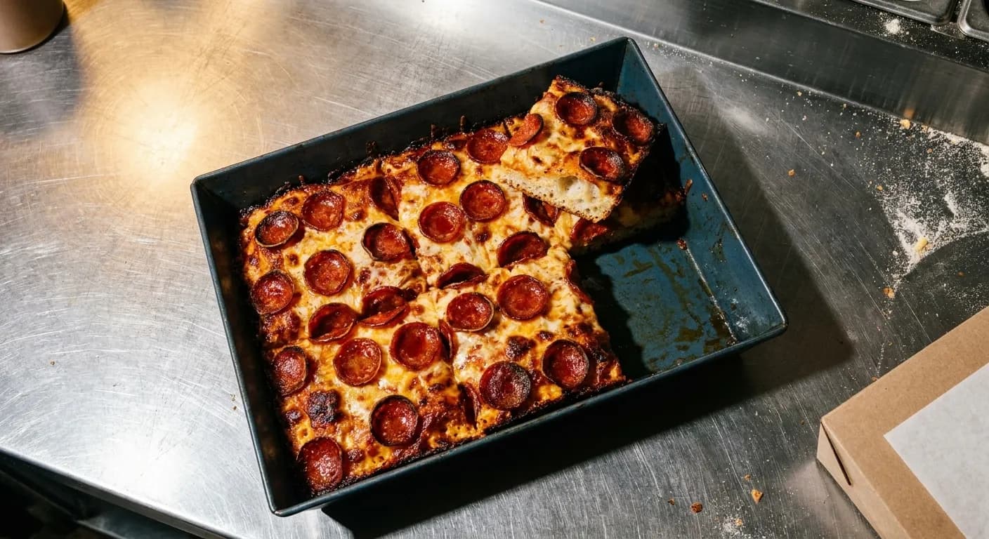 Overhead view of a thick Detroit-style pan pizza with cupped pepperoni and caramelized cheese edges resting in a blue steel pan on a steel prep counter