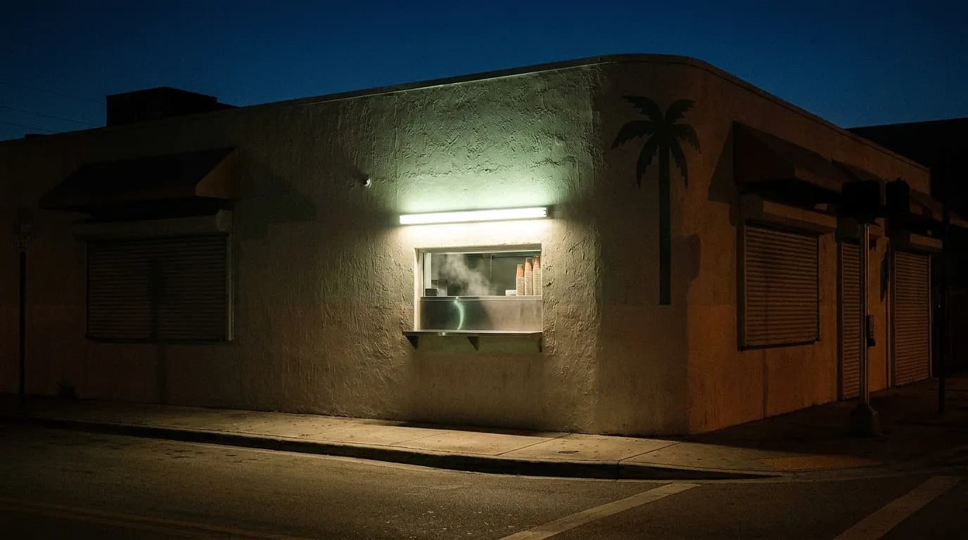 A lit walk-up cafe window on a Miami side street in the small hours, steam rising from a flat-top griddle behind the counter and an empty pavement in front