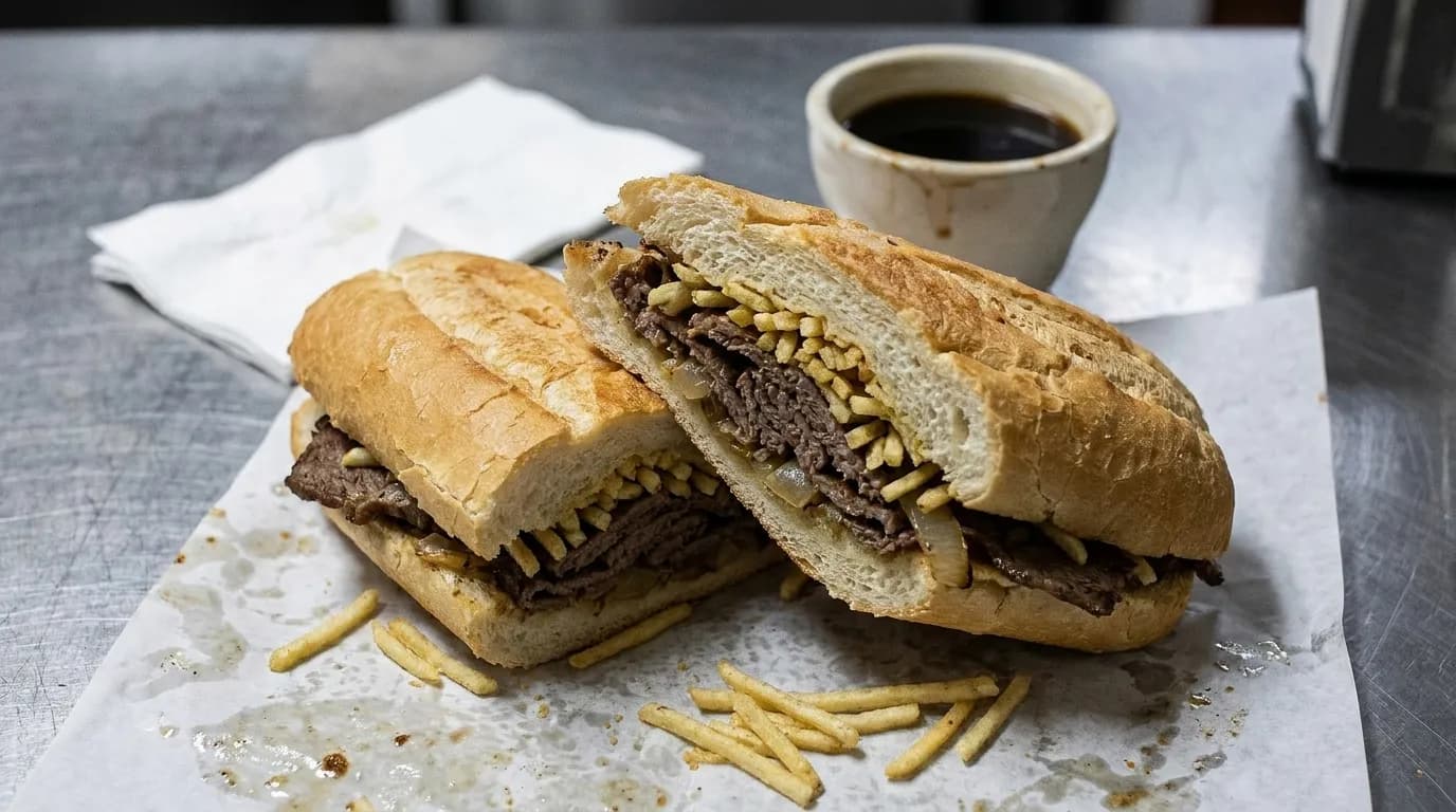 A pressed Cuban-bread sandwich cut on the diagonal on a paper-lined tray with crisp potato sticks spilling from the layers, shot on a worn counter under fluorescent light