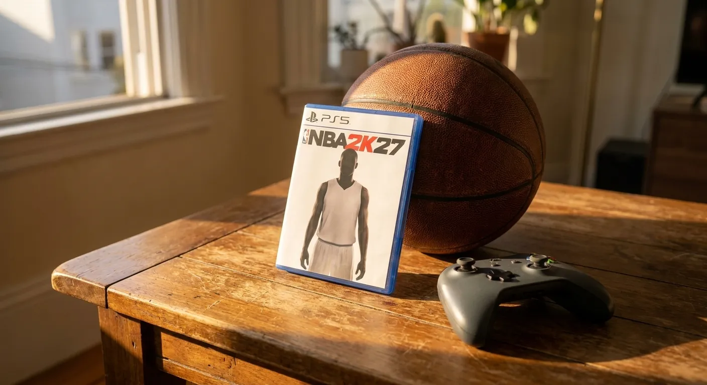 NBA 2K27 video game case on a wooden table with a basketball and controller nearby