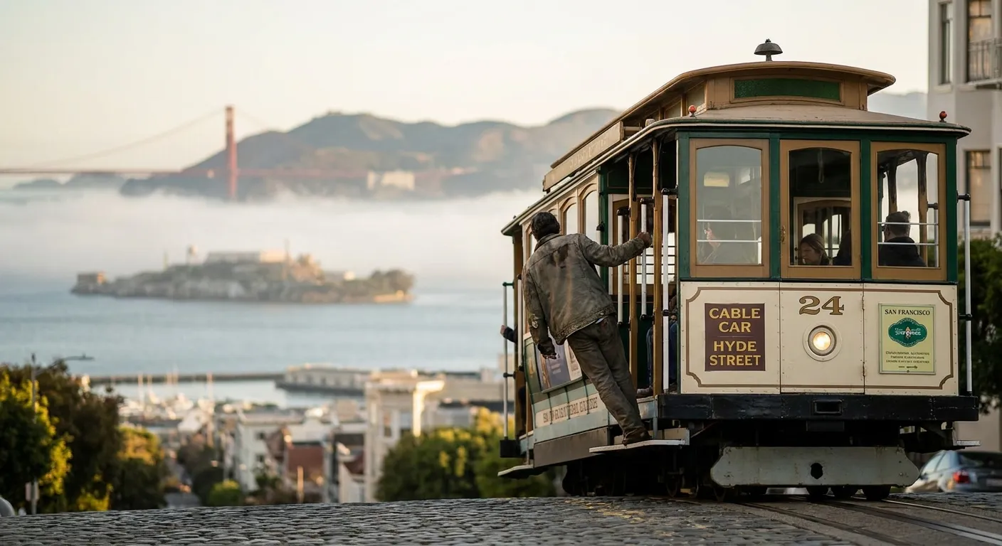 A cable car cresting a steep San Francisco hill with the bay behind it in morning light