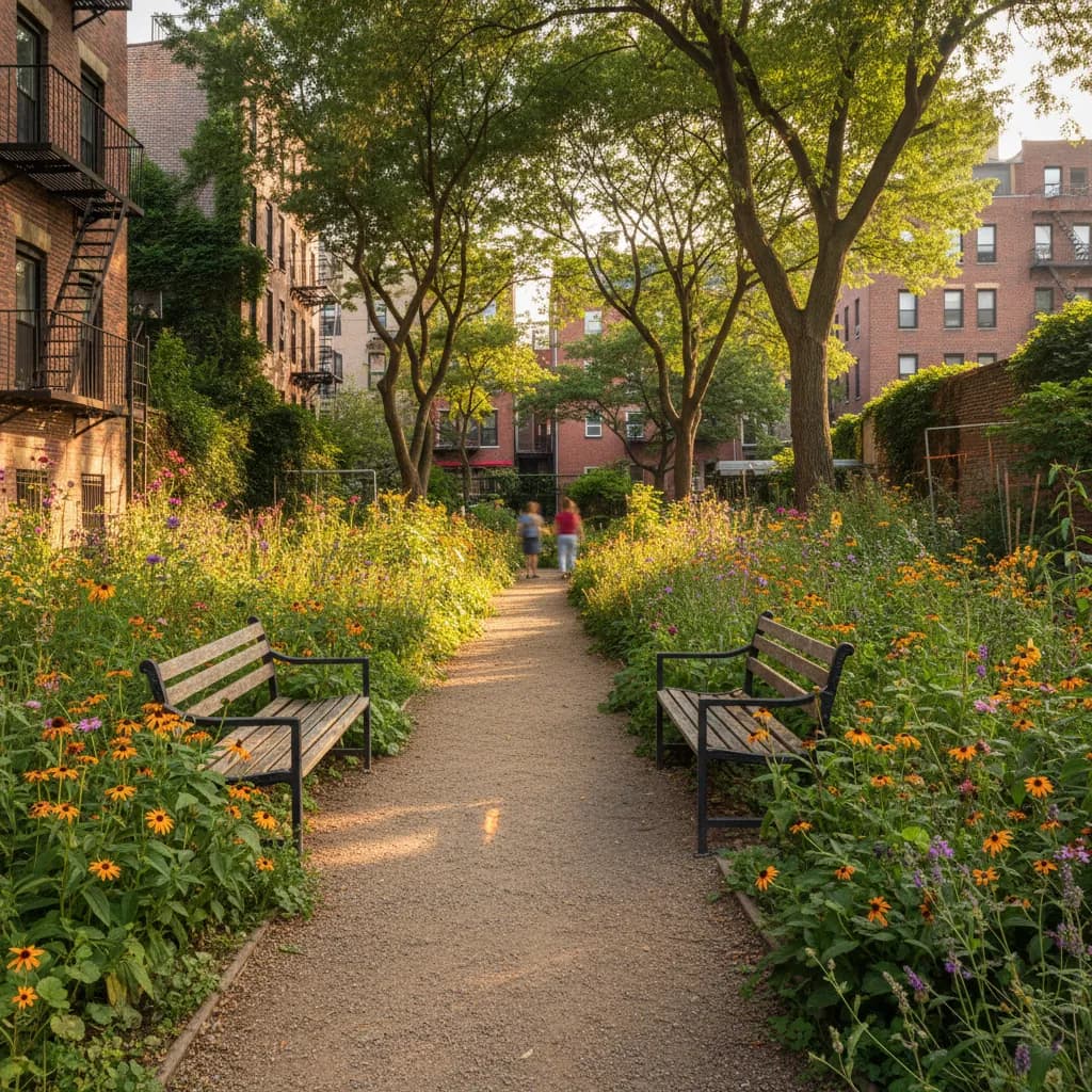 Editorial-style realistic scene inspired by 6BC Botanical Garden in New York.