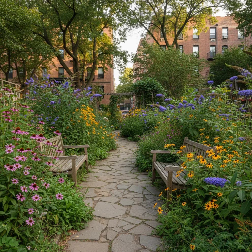Editorial-style detail scene for 6BC Botanical Garden in New York.