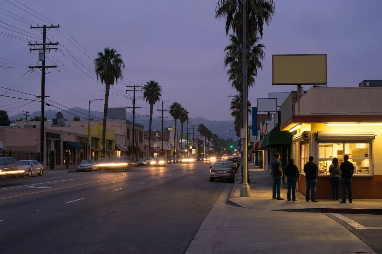 A wide Los Angeles boulevard at dusk with palms, low storefronts and a small lit burger counter with a short line on the sidewalk