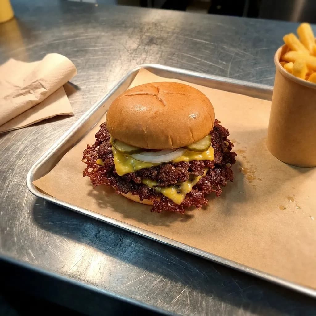 A double smash burger with crisp lacy beef edges and melted cheese on paper on a metal tray, next to a cup of fries on a stainless counter