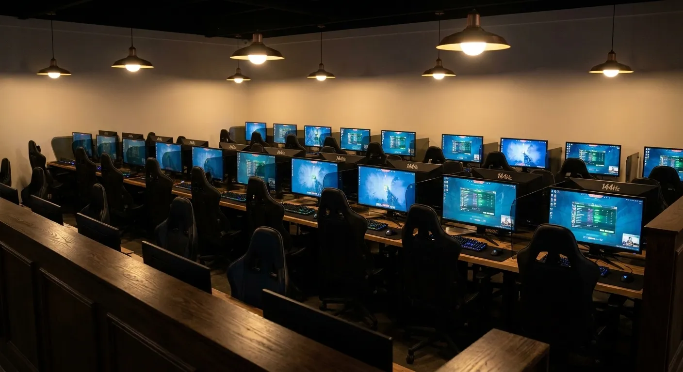 Rows of gaming stations with 144Hz monitors and mechanical keyboards at 88PC Cafe in Koreatown