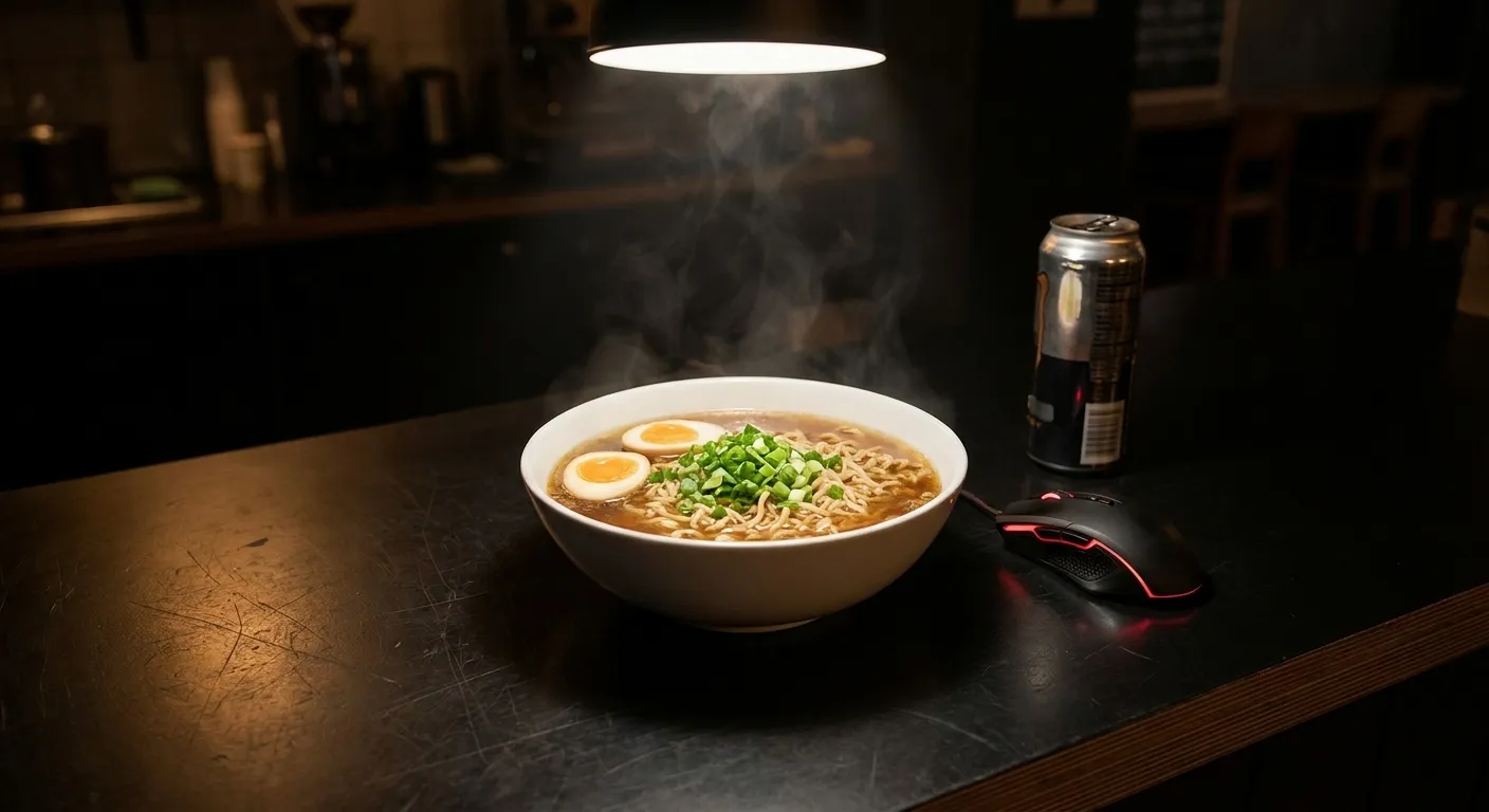 Bowl of ramen with soft-boiled egg and green onions on a cafe counter