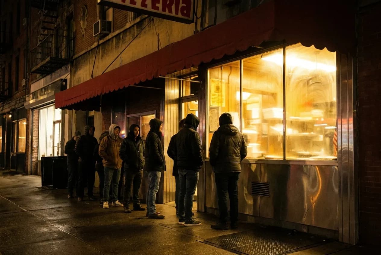 A brightly lit pizza counter storefront at night with a queue of customers on a Manhattan street corner