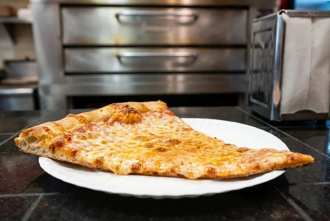 A close-up of a plain cheese pizza slice on a paper plate under fluorescent counter light