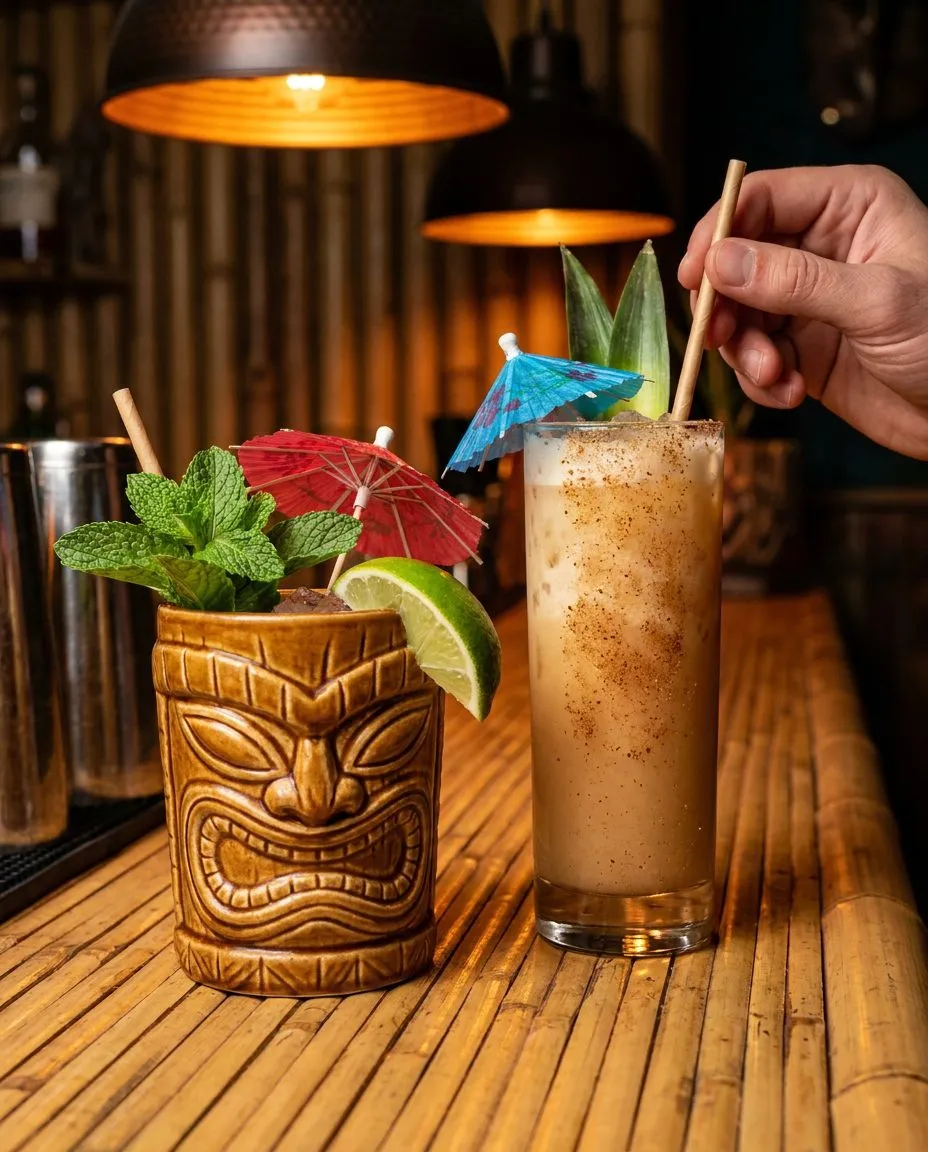 Close-up of tropical tiki cocktails — mai tai, painkiller with nutmeg, lime garnish on bamboo counter (img2img re-imagining of a real CC BY-SA 4.0 photo by Michael Wagner (www.mix-perience.de))