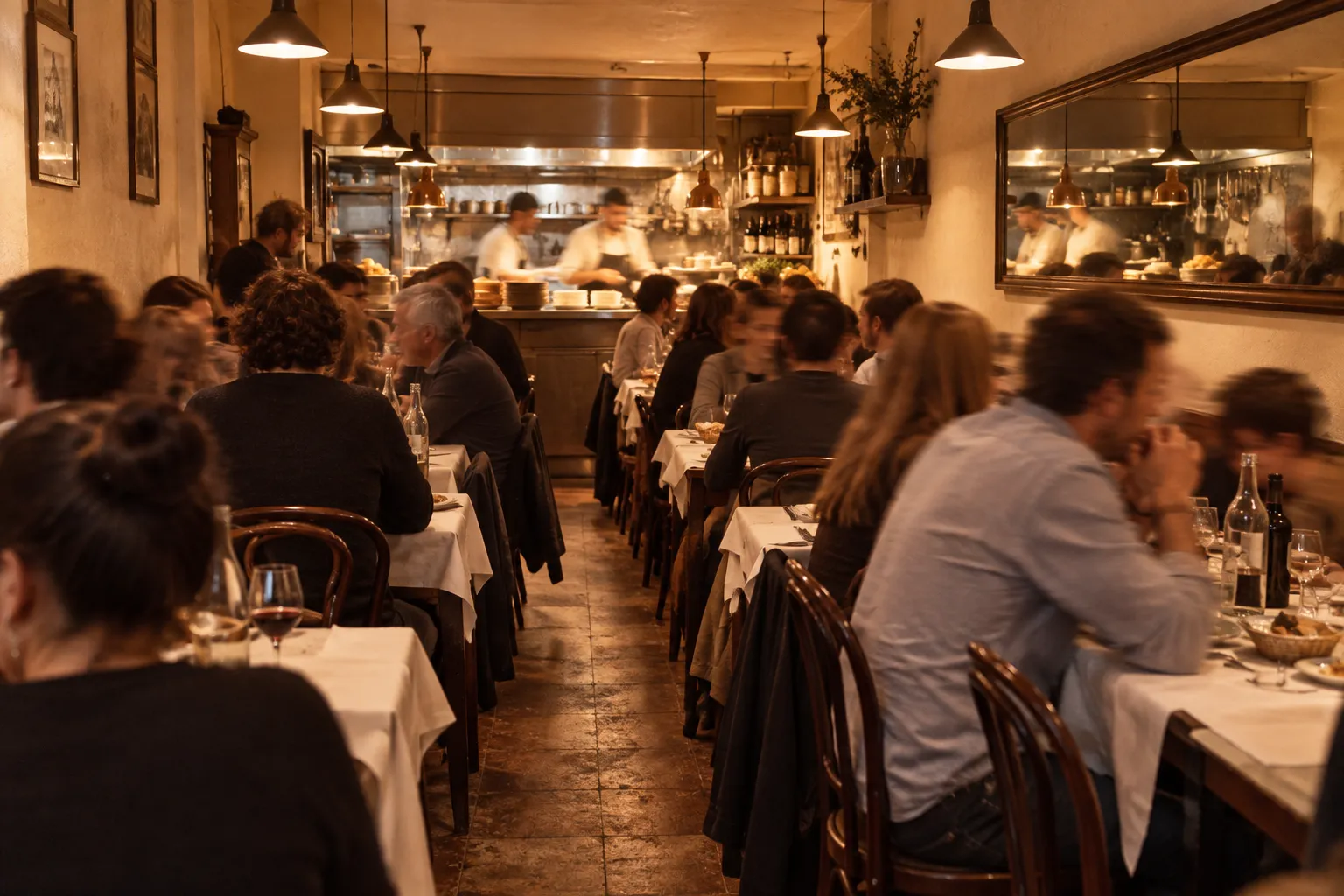 A warm bustling trattoria dining room with close-set tables and an open kitchen