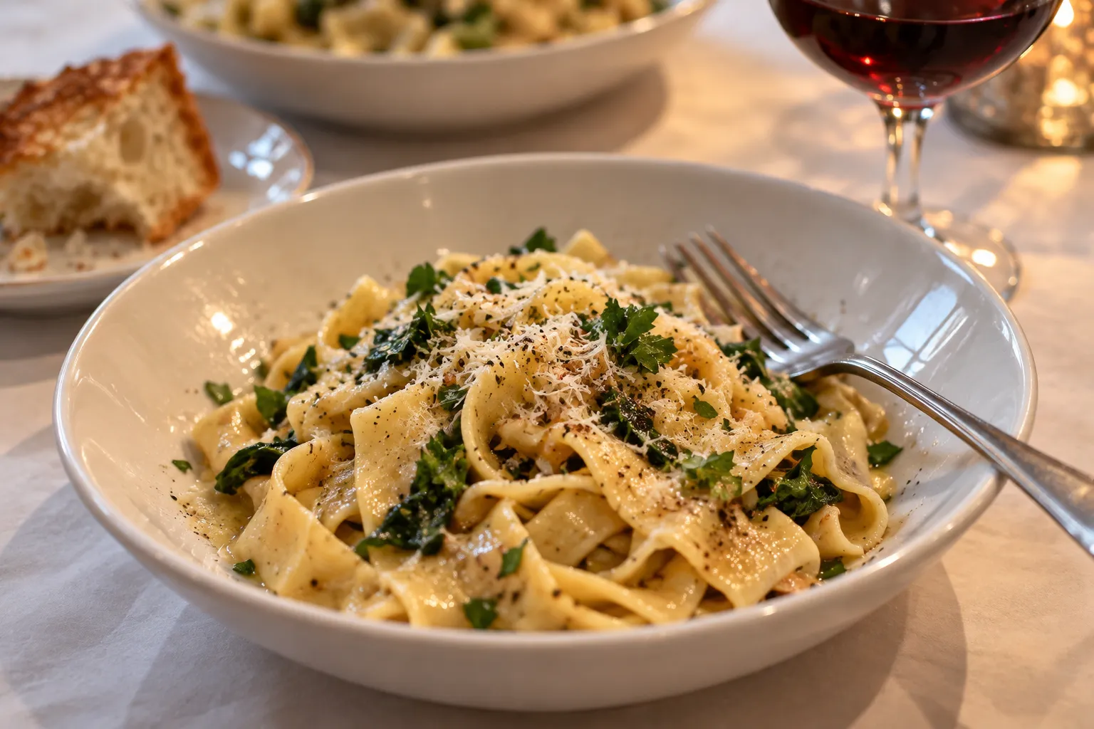A bowl of fresh pasta with a simple sauce on a paper-covered restaurant table