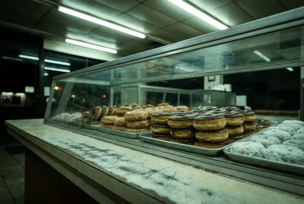 Trays of glazed and chocolate donuts behind a glass case at a 24-hour donut counter late at night under fluorescent light
