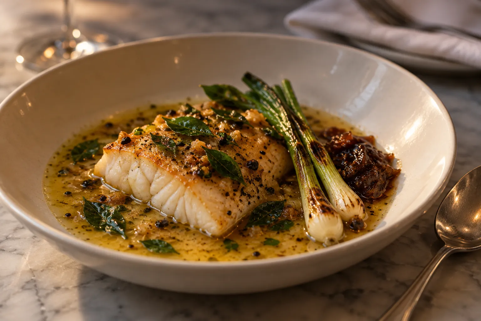 A precisely plated dish with a glossy sauce and bright green herbs in a shallow bowl