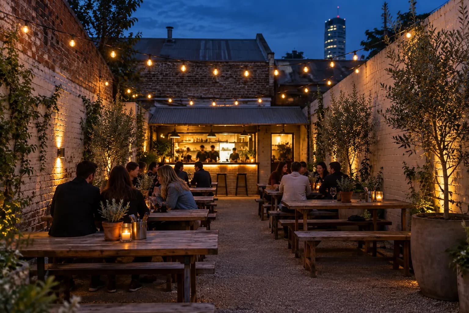 A walled outdoor bar garden with picnic tables and string lights at dusk