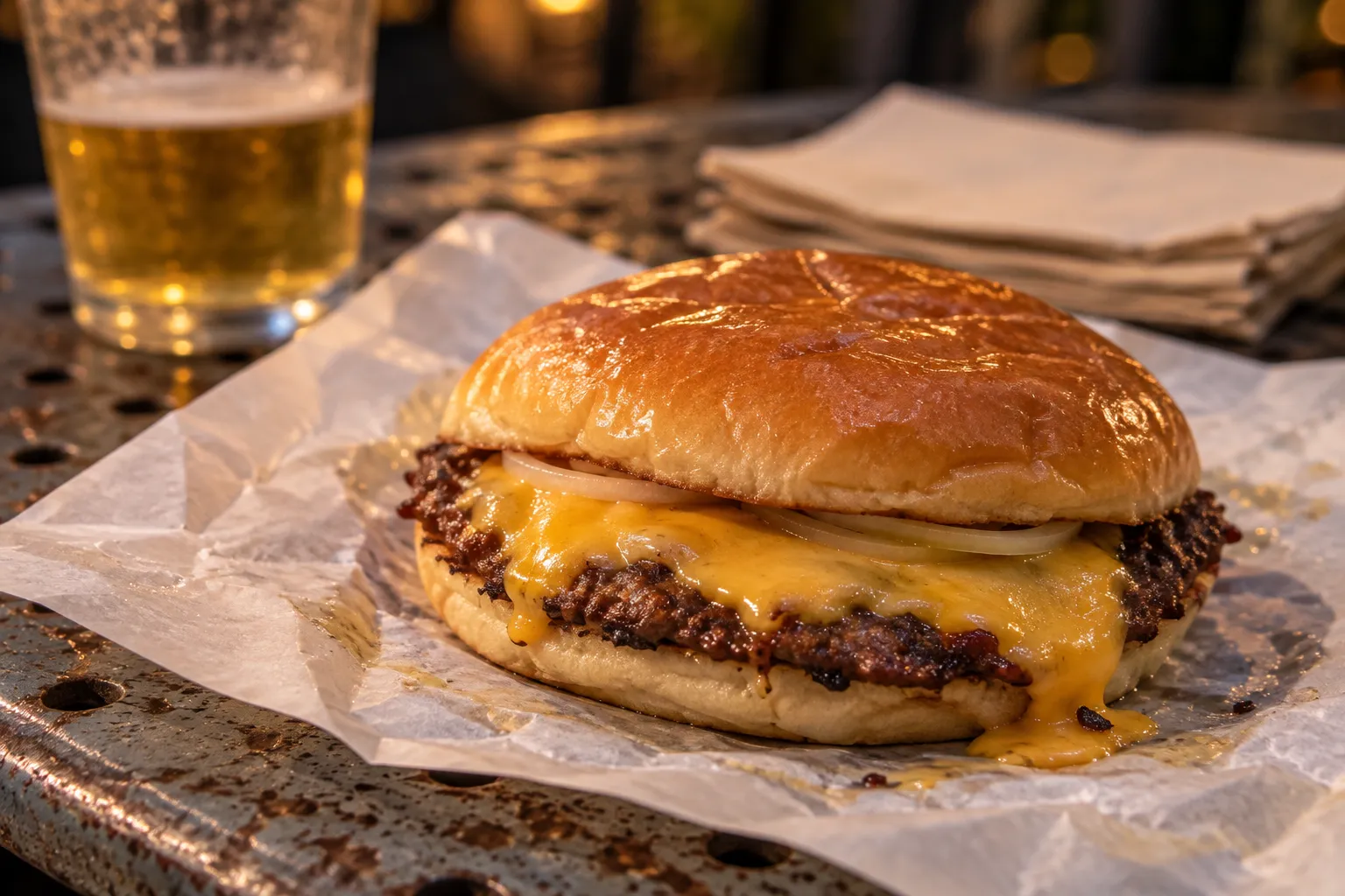 A griddled cheeseburger on a soft bun with a paper wrapper, on a metal outdoor table