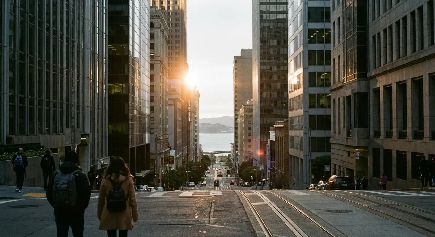 A view down a downtown San Francisco street toward the bay, tall towers on both sides, low afternoon light between the buildings