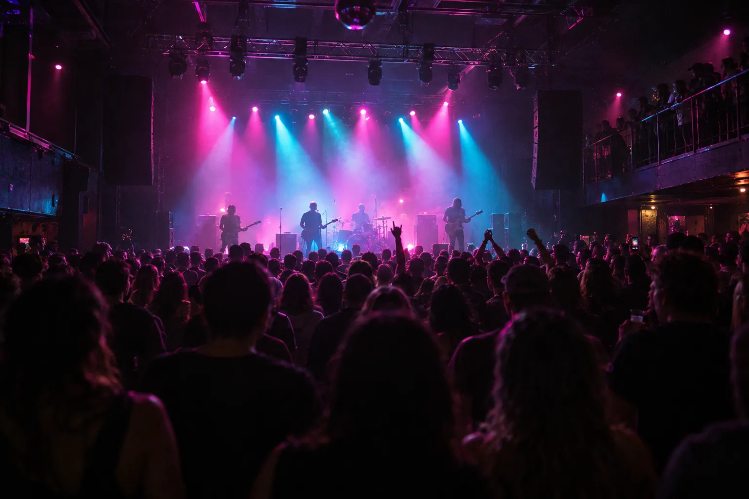 A mid-size music venue with a raised stage and coloured lighting over a crowd