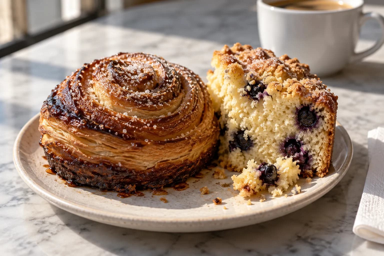 A caramelised morning bun and a slice of blueberry cornmeal cake on a plate