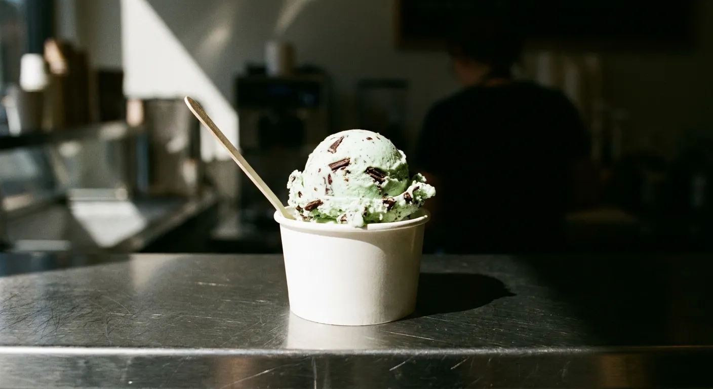 A scoop of pale green ice cream with dark chocolate shards in a small paper cup on a metal counter, shot close in hard light
