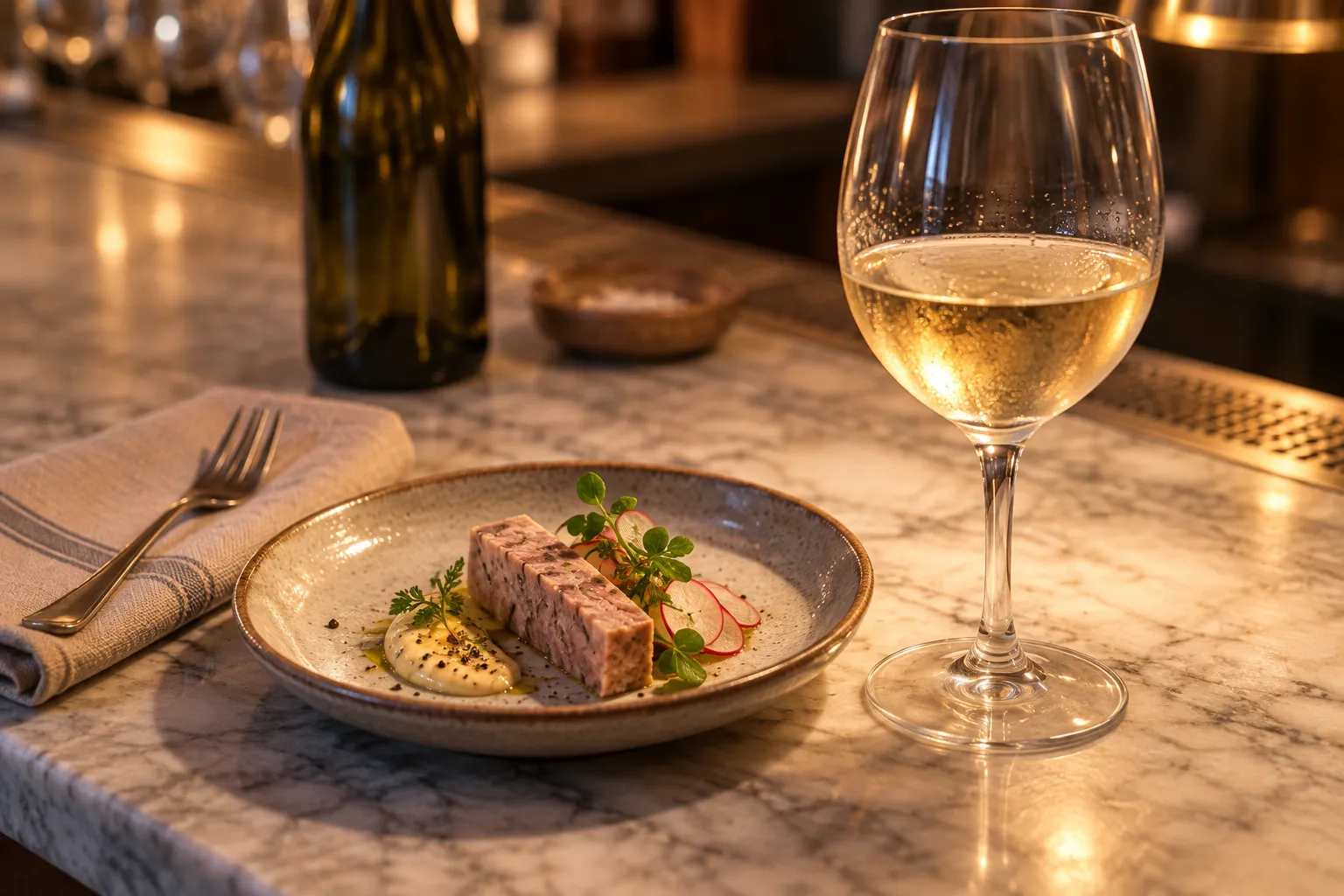 A marble counter with a glass of wine and a small plate of food