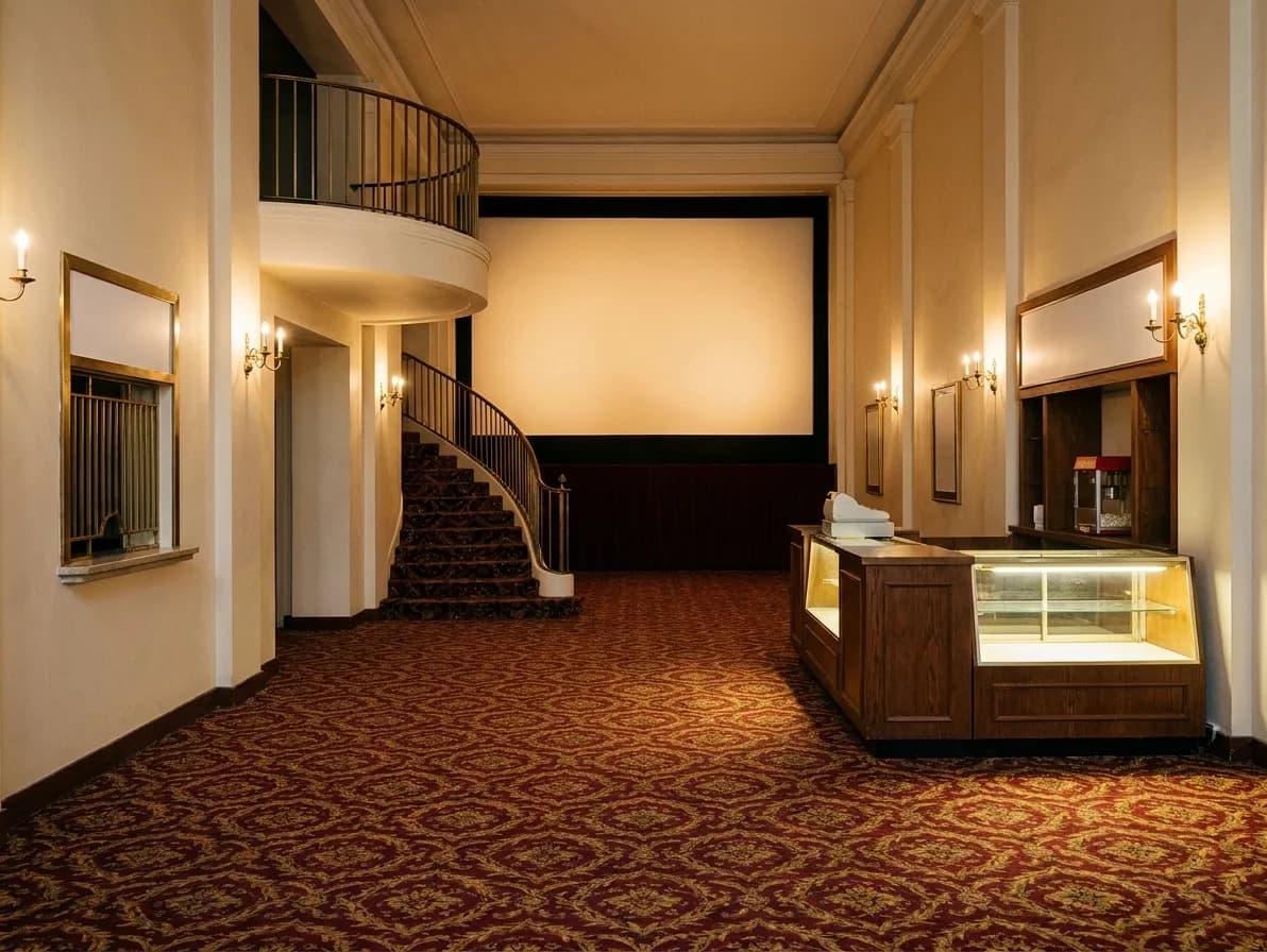 A cinema lobby with a small concessions counter, patterned carpet and a staircase rising to a balcony level, warm lamp light