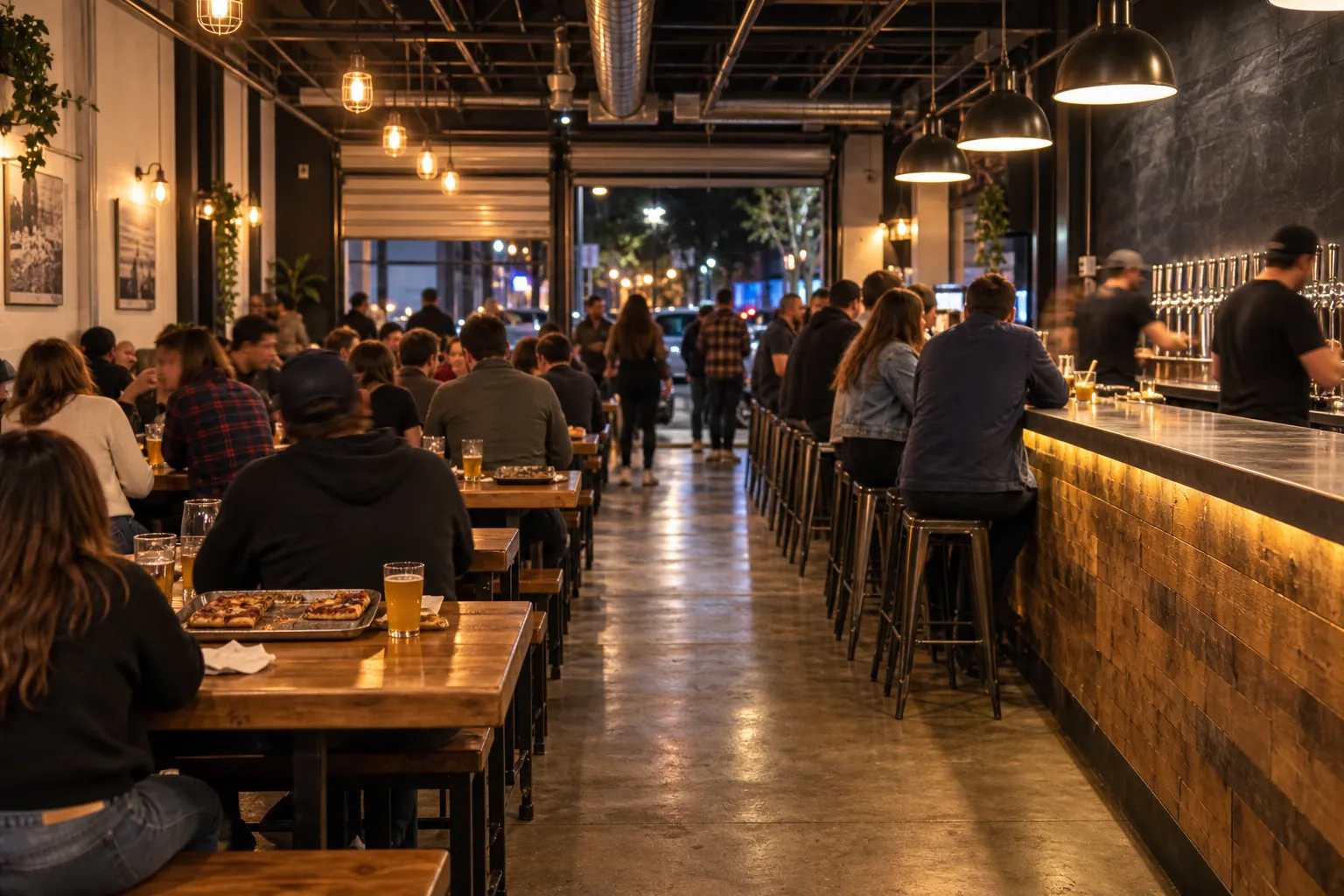 A casual brewery taproom with communal tables and a counter serving pizza