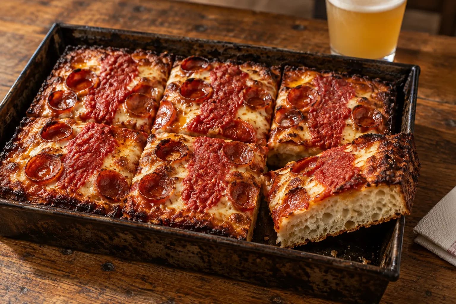 A rectangular pan pizza with a dark crisp cheese edge, cut into squares