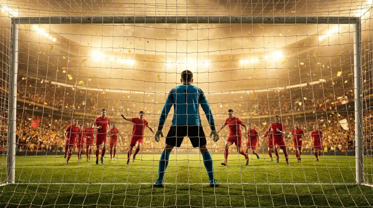 Behind-the-goal view of a goalkeeper facing an advancing line of attackers