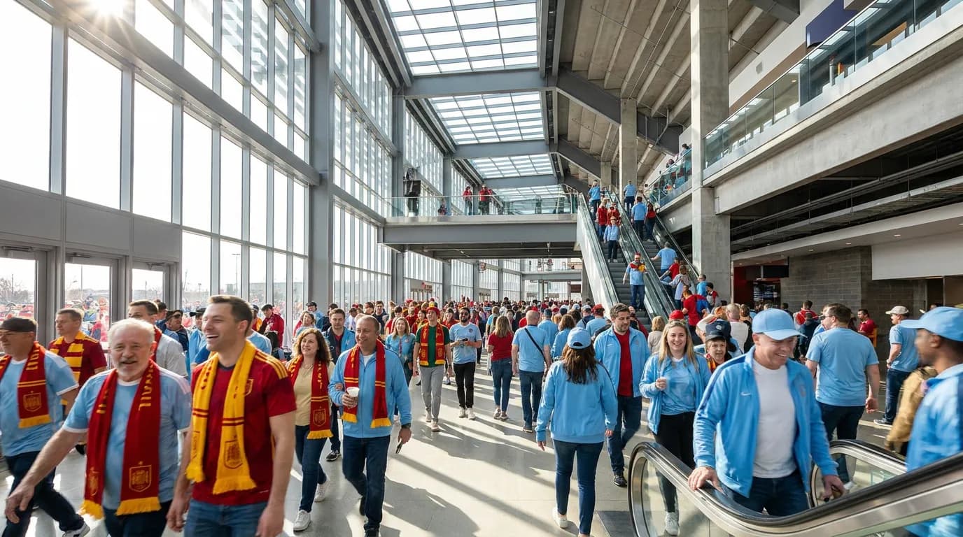 Bright stadium concourse filled with football fans from different generations