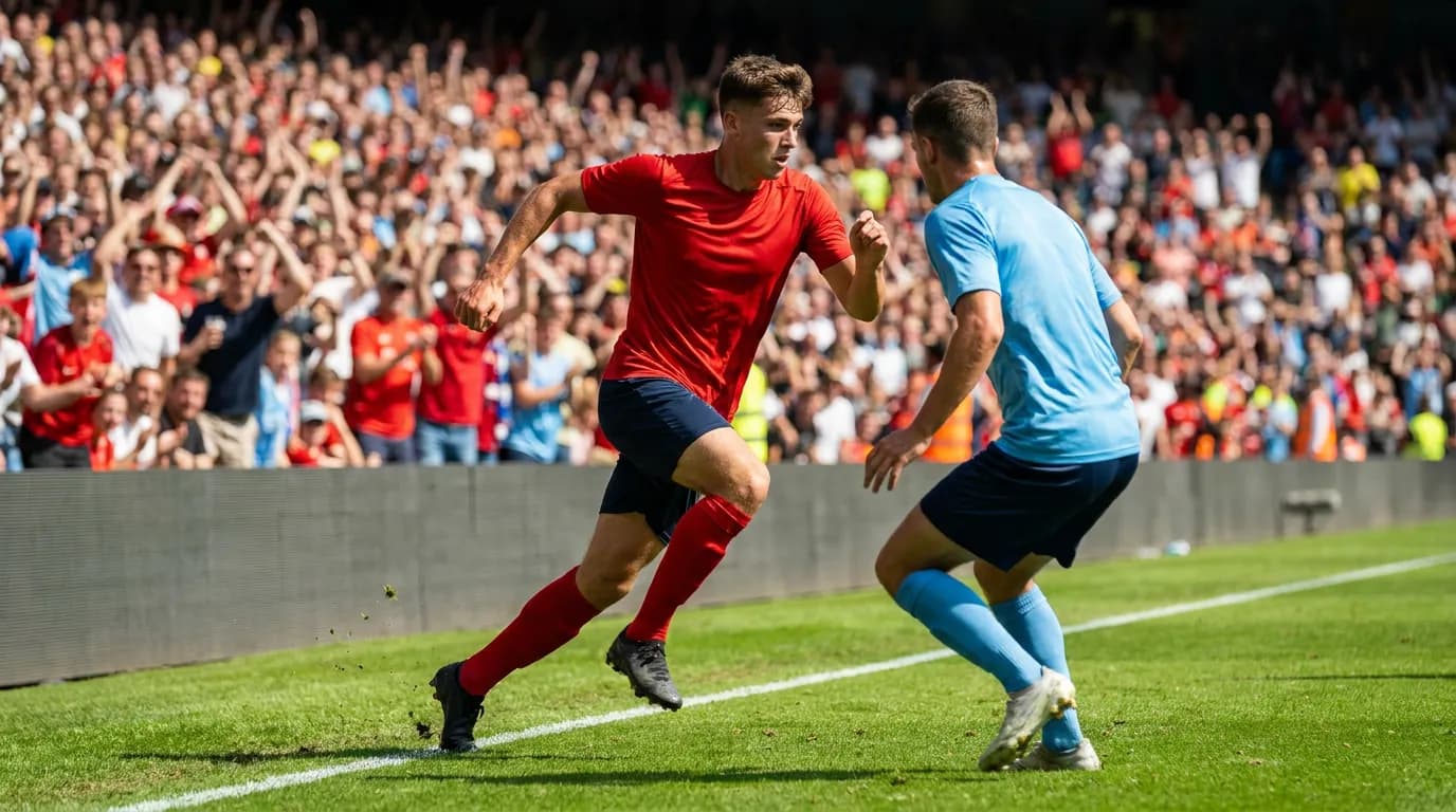 Young winger in a plain red kit accelerating past a defender near the touchline
