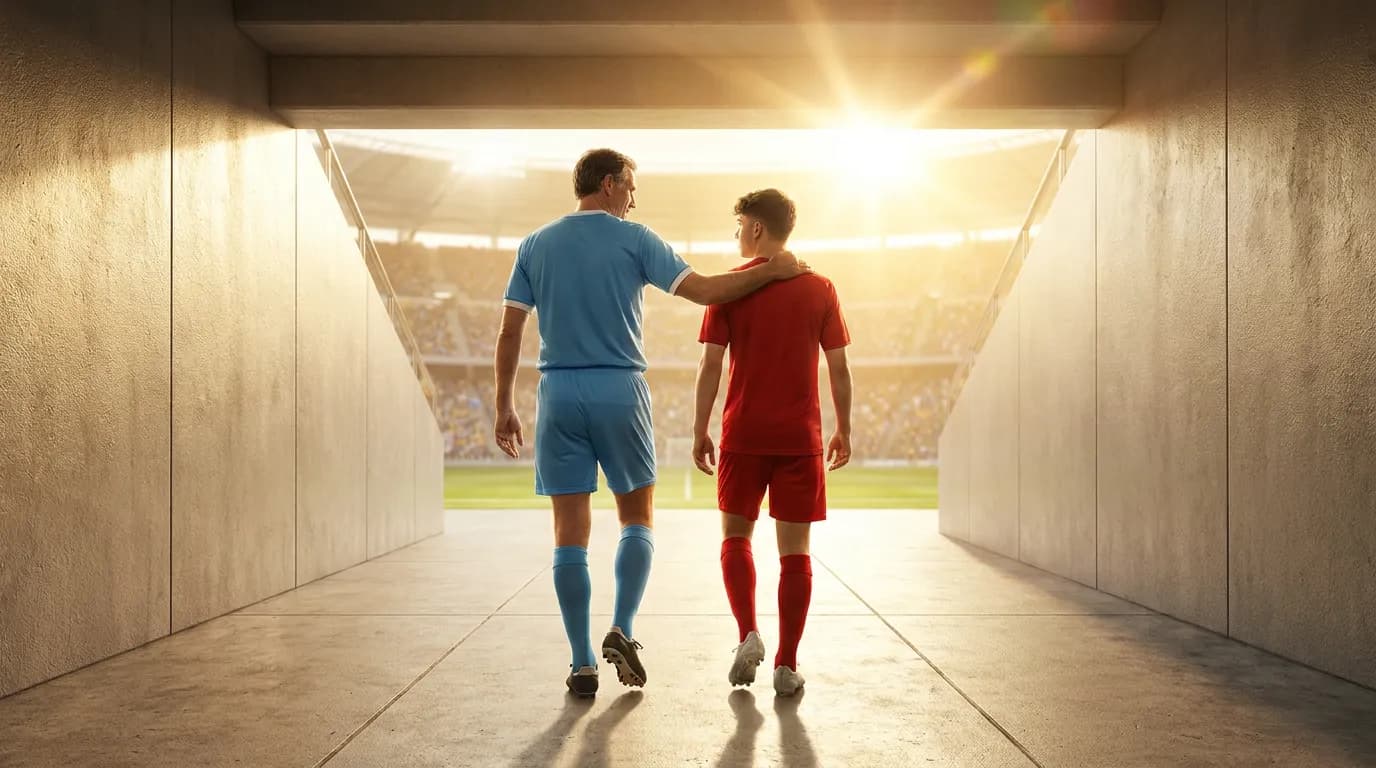 Older and younger footballers walking together toward a bright stadium pitch
