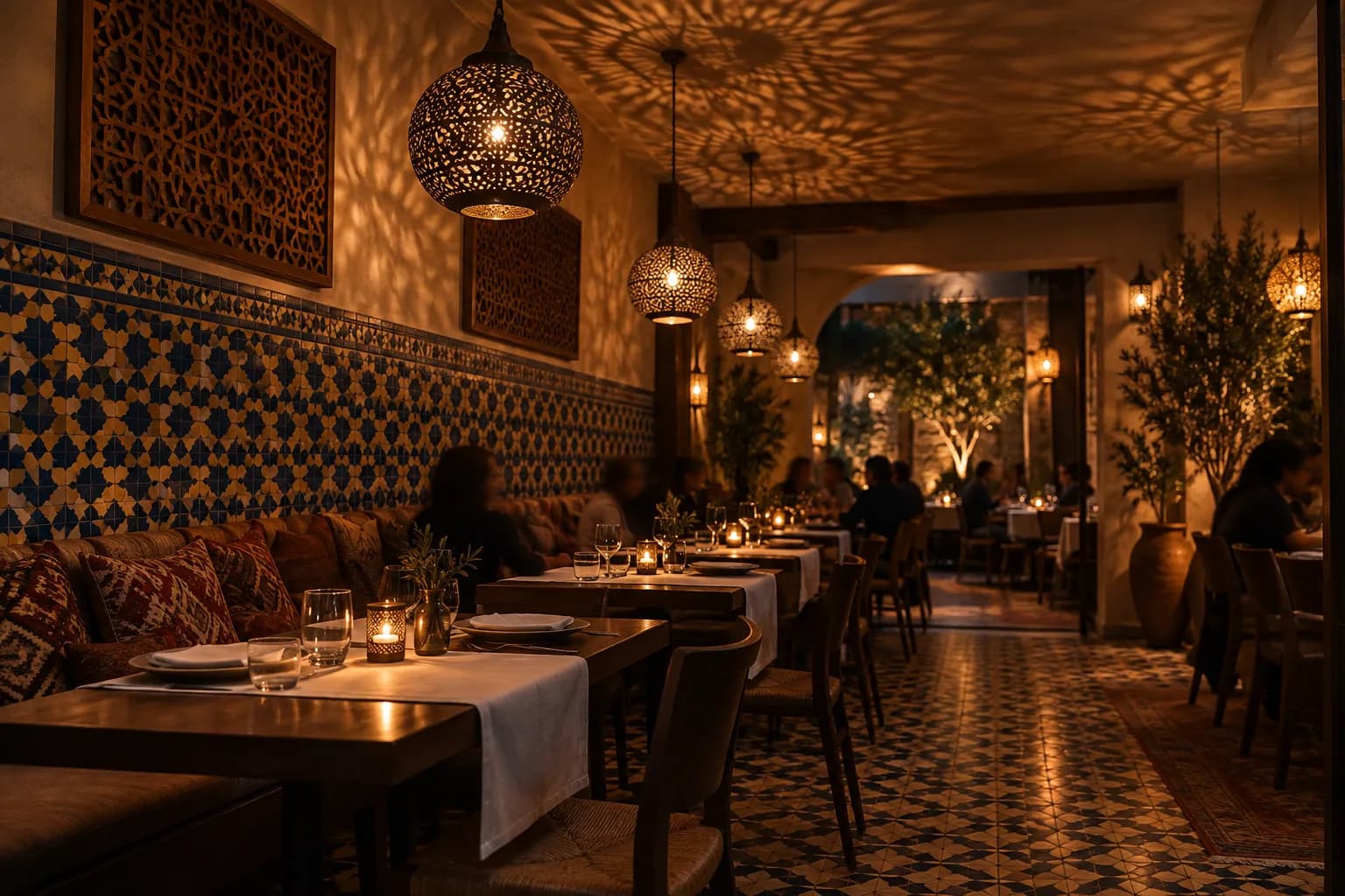 A warm restaurant dining room with patterned tilework and low lighting