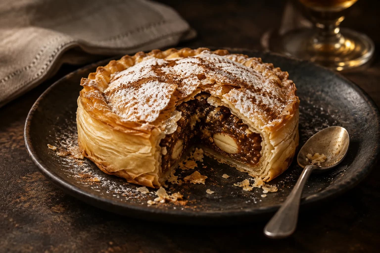A layered pastry pie dusted with cinnamon and sugar on a dark ceramic plate