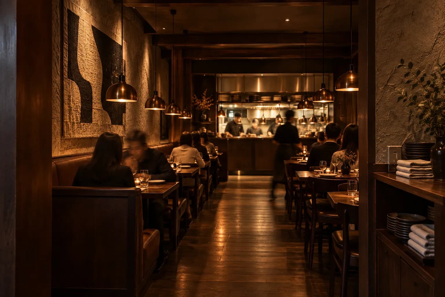 A moody modern restaurant dining room with warm low lighting and dark surfaces