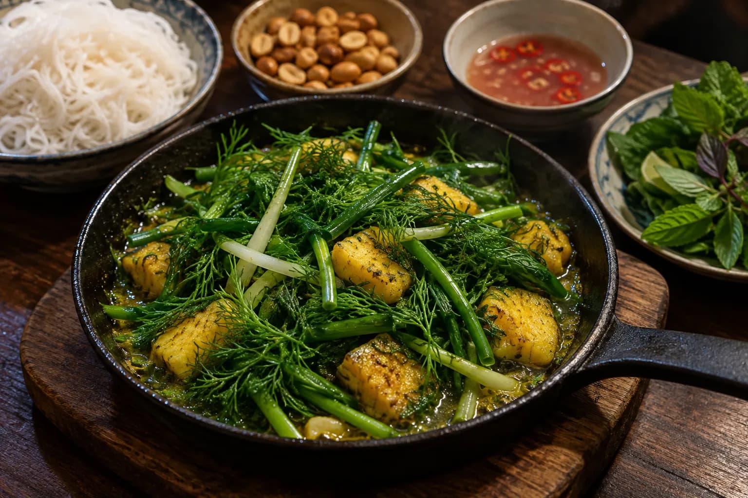 A turmeric-yellow fish dish covered in dill and spring onion in a shallow pan