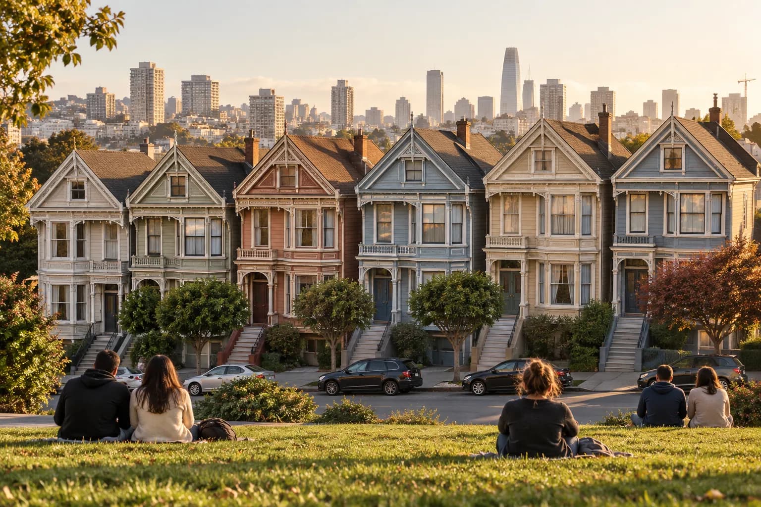 A row of colourful Victorian houses seen from a grassy park with a city skyline behind