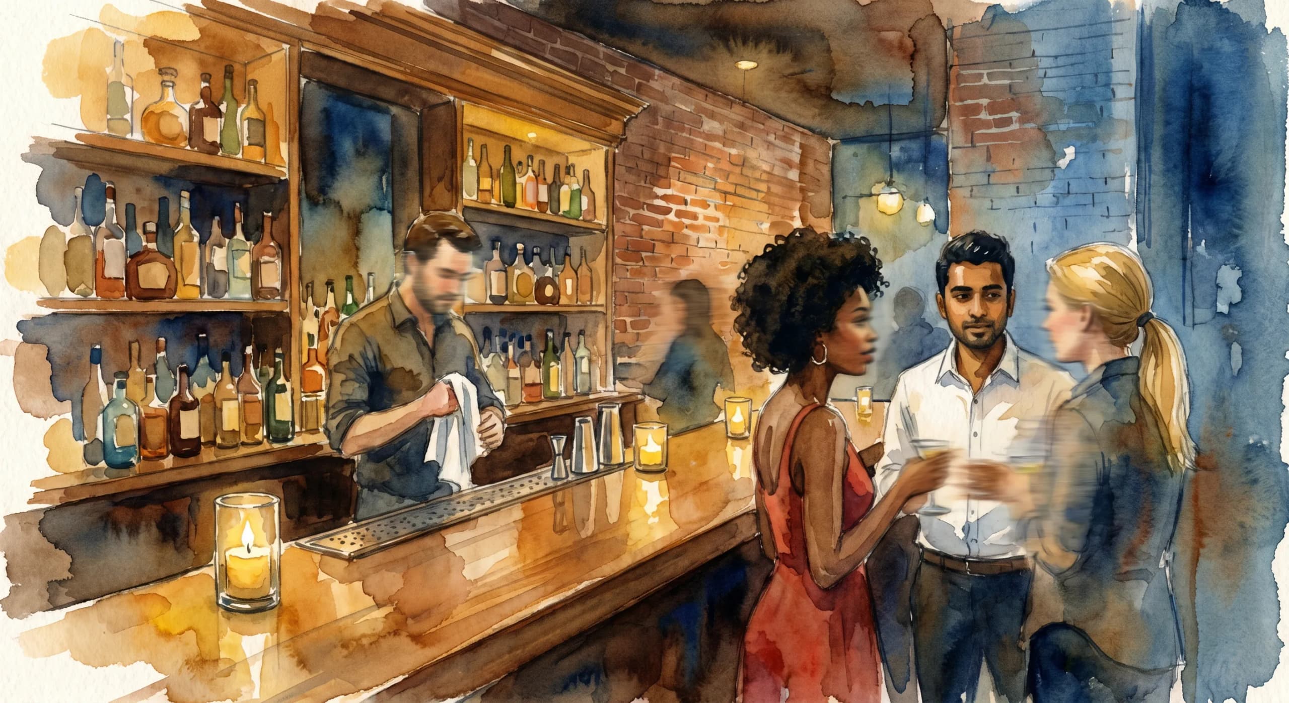Three cocktails lined up on the Attaboy bar — a gin coupe, a reposado tequila on the rocks, and a whiskey dealer's-choice drink