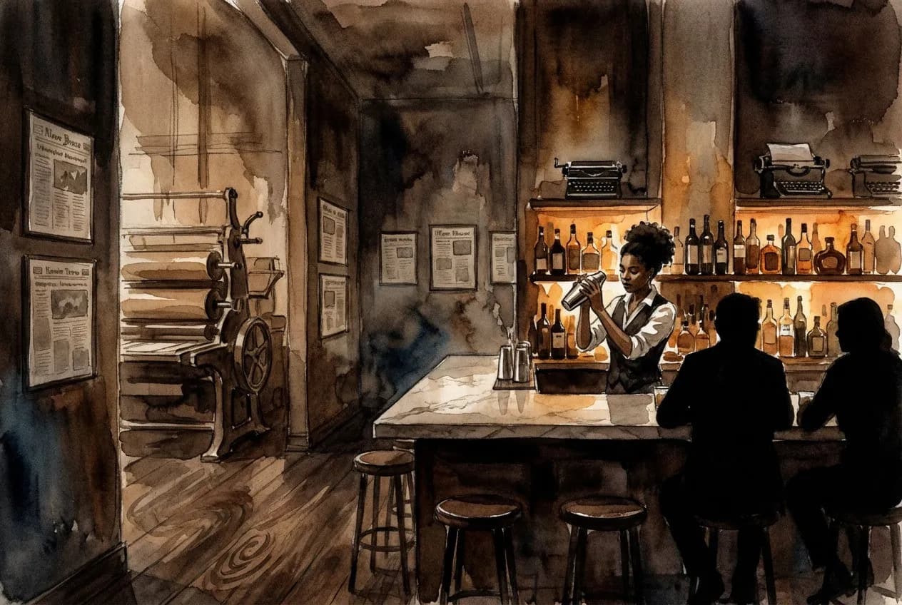 AI-generated watercolor: underground bar interior with soaring amber-lit ceiling, marble-topped bar counter, vintage printing press equipment along walls, framed newspaper pages, and a Black bartender with natural hair behind the bar