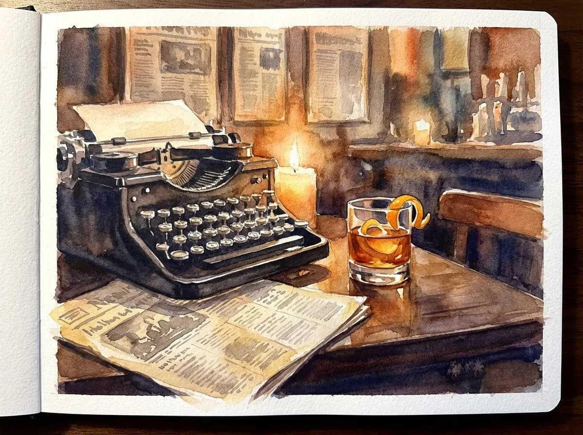 AI-generated watercolor: close-up still life of a vintage 1950s black typewriter beside a folded period newspaper and an amber cocktail with an orange peel twist on a dark wood table, warm amber candlelight