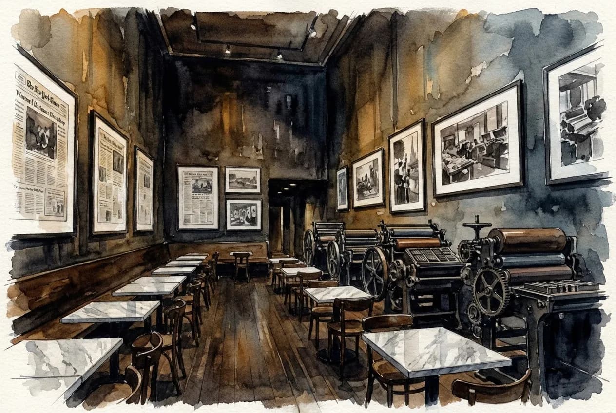 AI-generated watercolor: wide-angle view of Local Edition basement bar, large framed newspaper pages lining the walls, vintage iron printing press components along the far wall, marble-topped tables in foreground, sepia and amber lighting