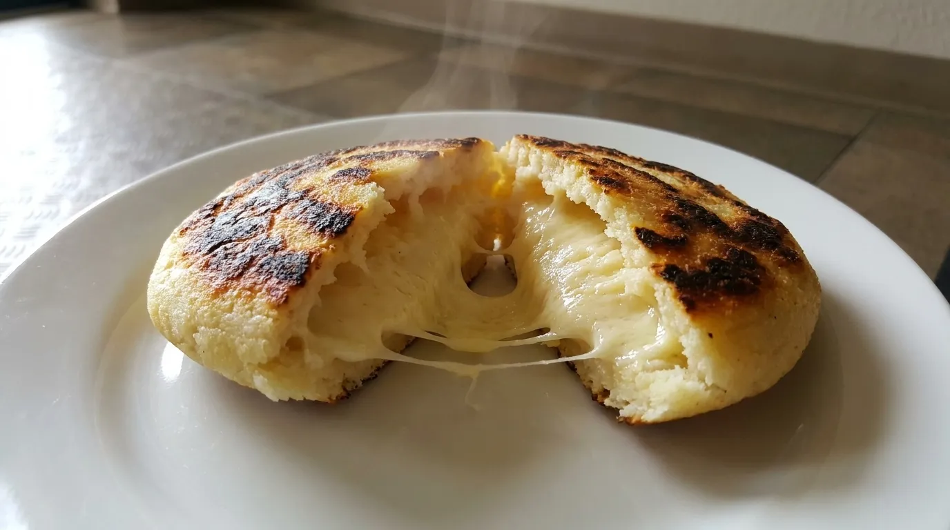 Freshly baked arepa boyacense split open showing golden crust and melted cheese interior