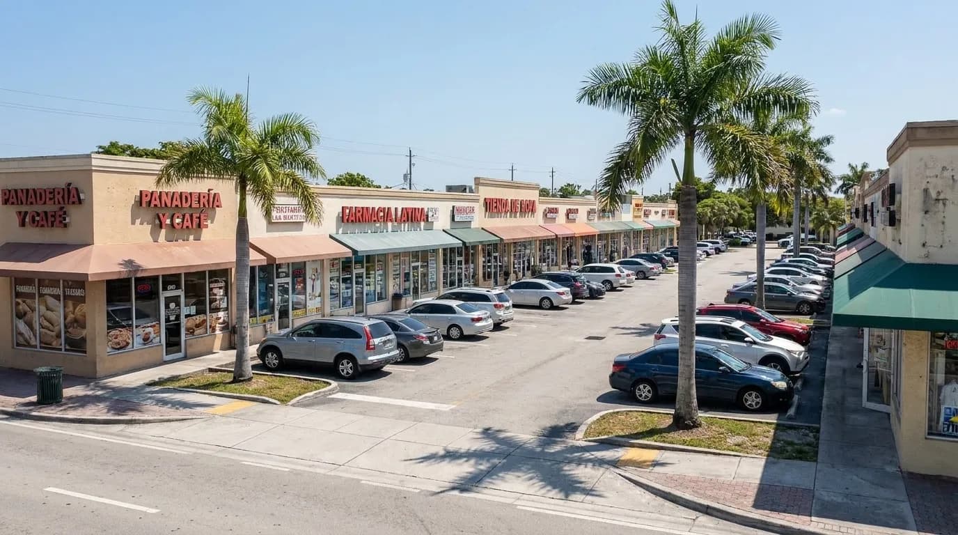 Commercial storefronts along Northwest 107th Avenue in Doral on a summer morning