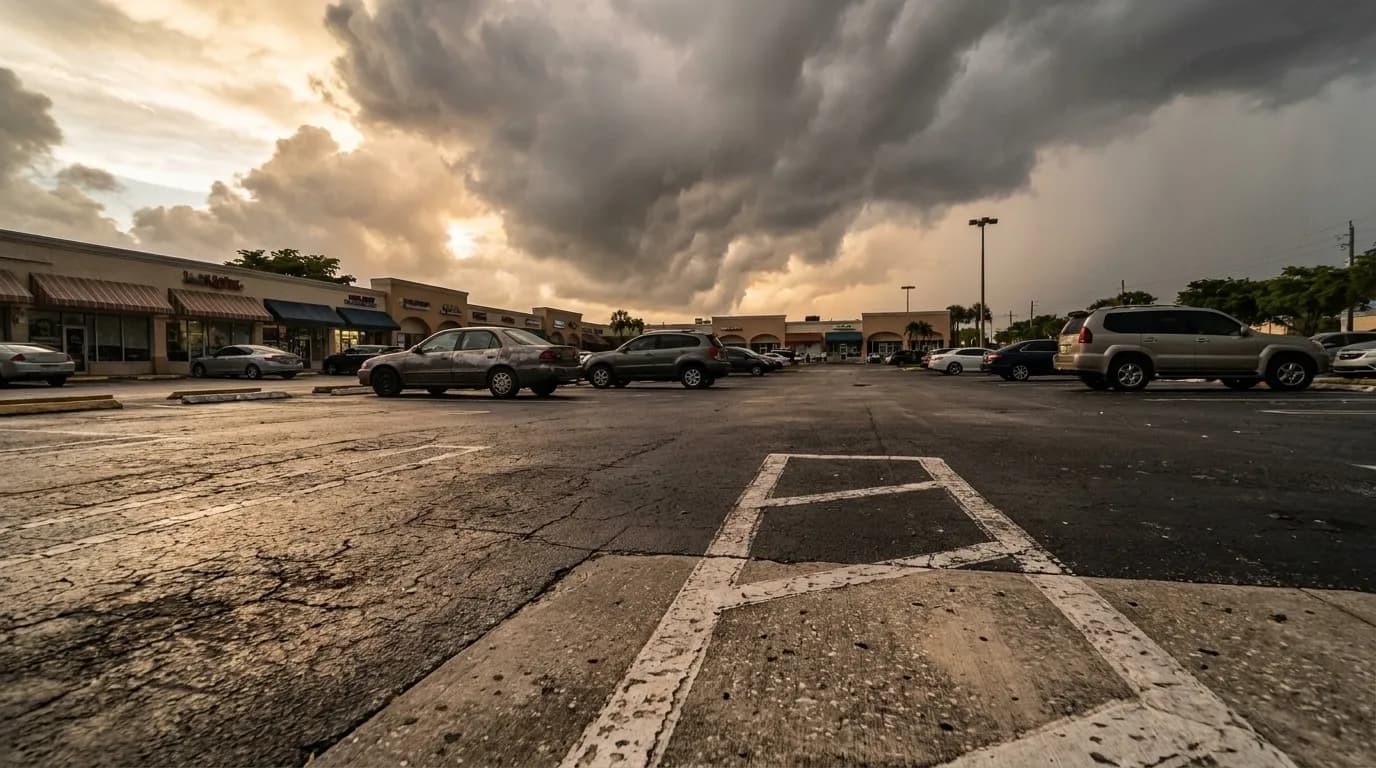 Strip mall parking lot in Kendall with storm clouds gathering overhead in late afternoon