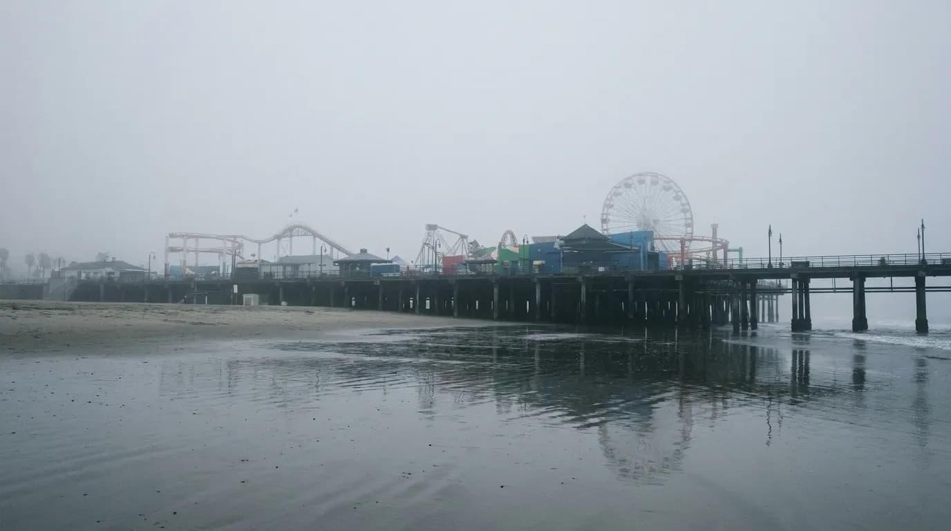 Santa Monica Pier extending into foggy Pacific Ocean on an overcast summer morning