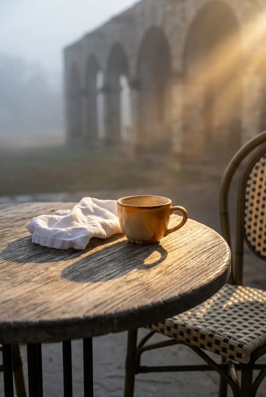 Empty cafe table on Santa Monica patio as morning sun begins to break through coastal fog